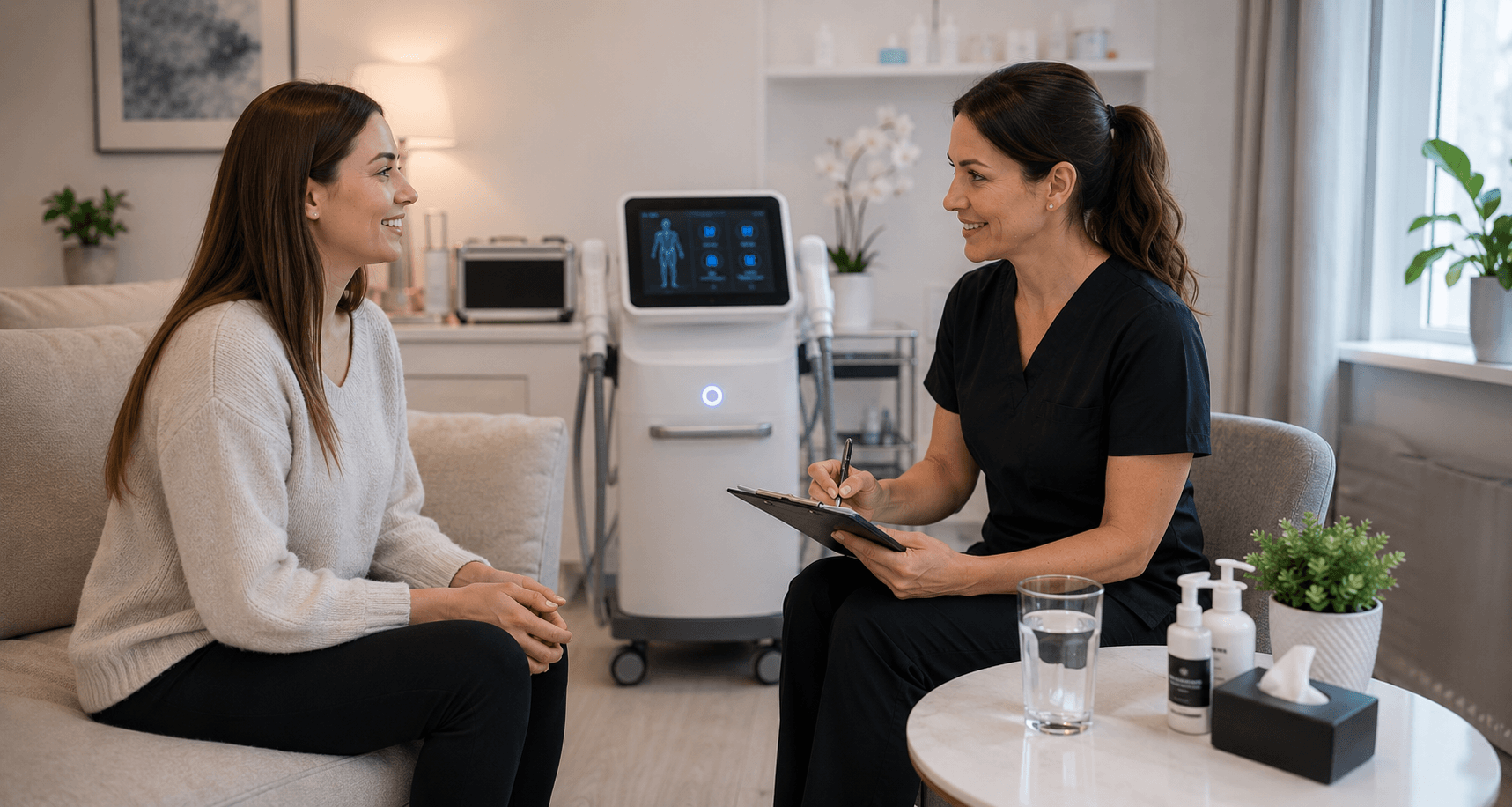 Lipo Freeze consultant discussing a home treatment plan with a client beside portable equipment