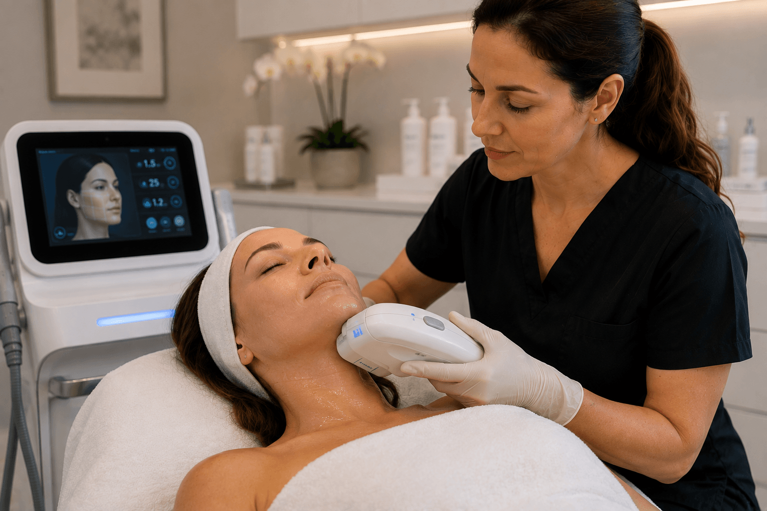 Practitioner applying a non-surgical facial skin tightening handpiece to a client's jawline